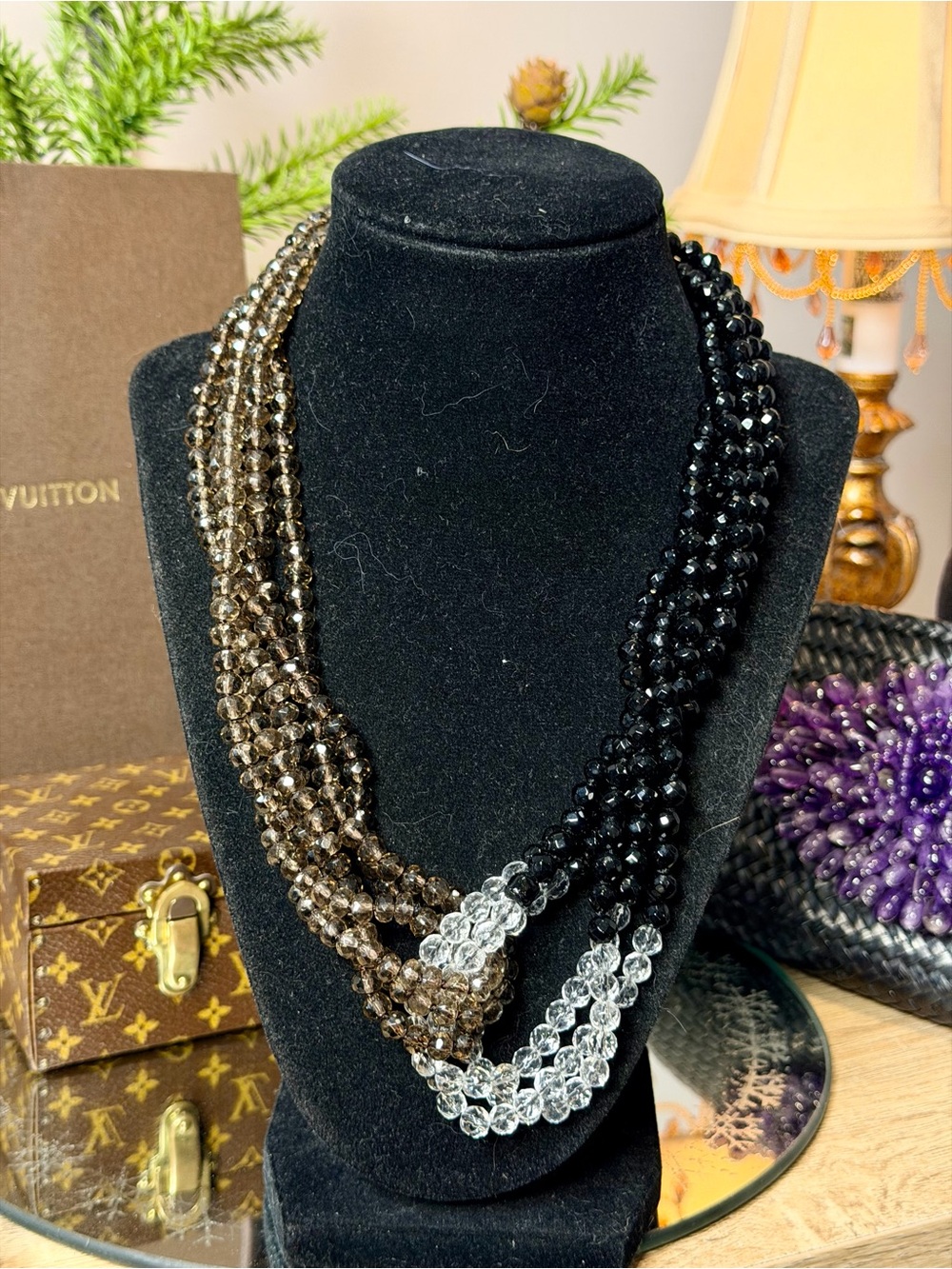 Vintage Multi Strand Shaped Glass Crystal Beaded Black Brown White Necklace 20”